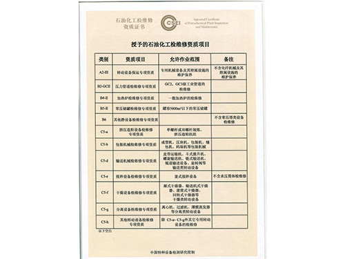 檢維修資質證書（反面）